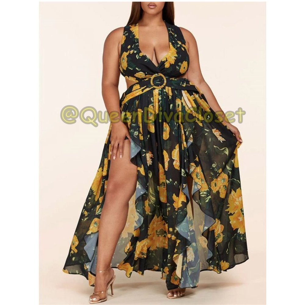 New Yellow Black Floral Double Slit Ruffle Cut out Open Back Lace Up Maxi Dress - Picture 9 of 9